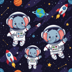 Adorable elephants in astronaut suits floating in space; perfect for children's books, textiles, or websites.
