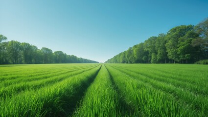 Vast green field with rows of grass under a clear blue sky, surrounded by trees on both sides.