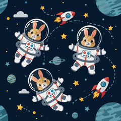 Adorable bunnies in spacesuits floating in space, perfect for children's books or textile prints.
