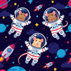 Cute mice astronauts floating in space, perfect for children's books, textiles, or space-themed projects.