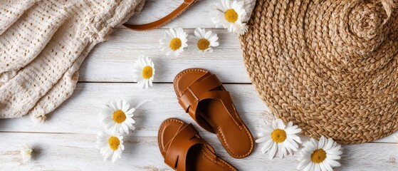 The stylish sandals and straw hat arranged with daisies on a wooden background.