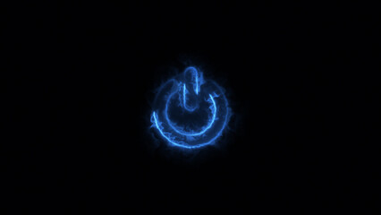 Neon glowing power button illustration on black background.