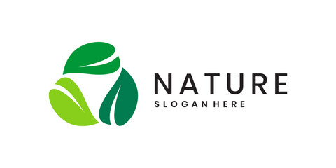 Eco-friendly nature logo design with three circular green leaves