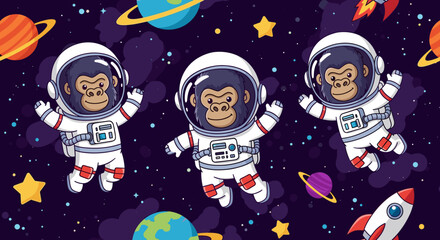Three cute gorillas in astronaut suits floating in space, perfect for children's books or space-themed designs.