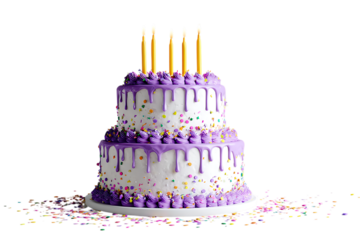 Two-tiered purple birthday cake with candles