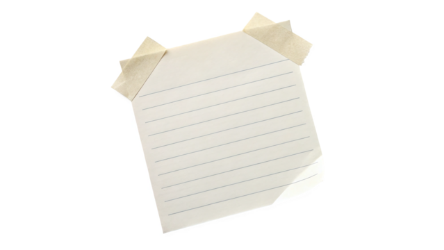 Blank Note Paper Secured with Tape On a transparent background