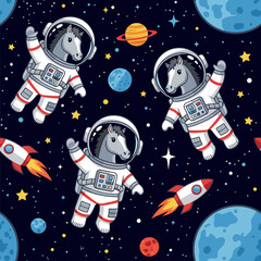 Cute horses in astronaut suits floating in space, perfect for children's books or space-themed apparel.