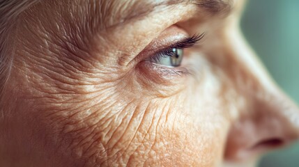 Fototapeta premium Close up of mature woman's face showing aging skin and wrinkles around the eye area and skin texture