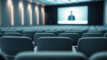 Fototapeta premium A conference or presentation room with empty chairs facing a large screen displaying a speaker or presentation.