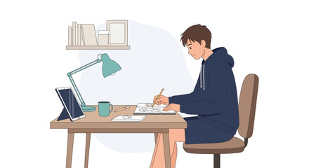 Young Artist Drawing At Desk In Room With Tablet And Bookshelf Cartoon