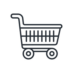 Shopping cart with wheels and basket line icon. Food shopping and e-commerce. Isolated vector illustration