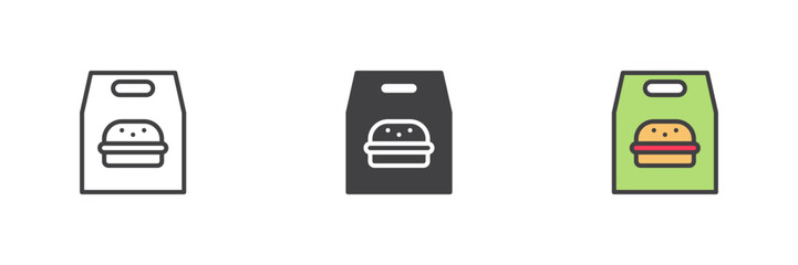 Takeout bag icon set in line, solid and filled outline style