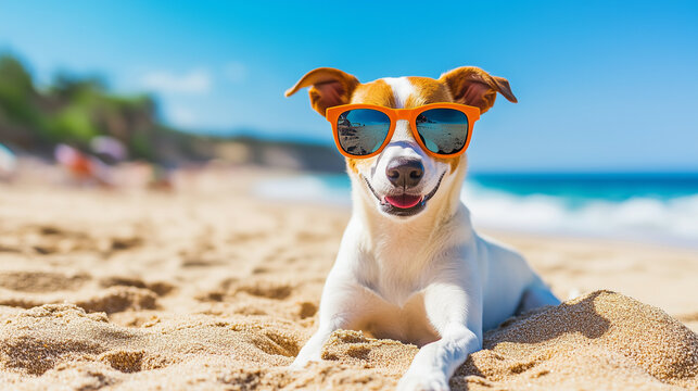 A dog wearing sunglasses sunbathing on the beach, summer vacation vibes