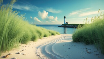 A scenic beach scene with a lighthouse on the coast, surrounded by green grass and sandy pathways under a blue sky with clouds.