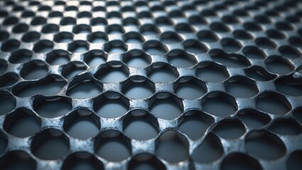 Close-up of hexagonal honeycomb structure made of metal or plastic, showing repeating pattern and texture with a cool tone.