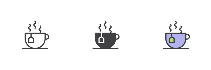 Cup of tea icon set in line, solid and filled outline style
