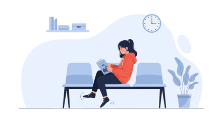 Patiently Waiting Young Woman Reads a Magazine in the Waiting Room