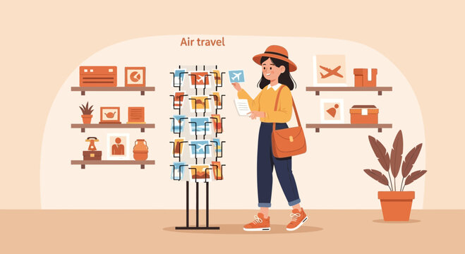 Woman Planning Vacation Choosing Destination From Postcards In Travel Agency