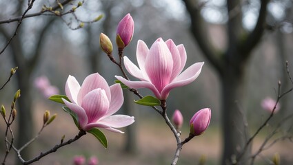 Magnolia blossoms in spring with pink flowers on branches, blurred background of trees and nature scene, representing blooming and renewal.