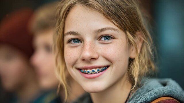 A cheerful teenager with braces flashes a bright smile while surrounded by friends in a comfortable indoor atmosphere.