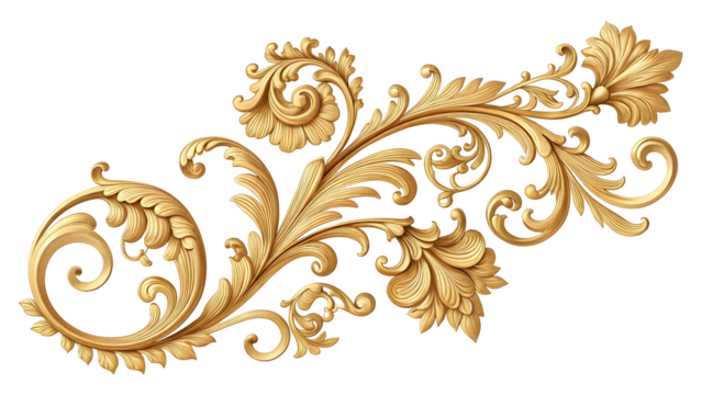 Golden baroque ornamental flourish with intricate swirling floral elements on black background