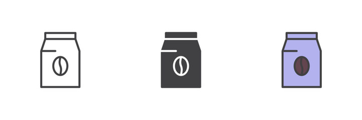 Coffee bean bag icon set in line, solid and filled outline style