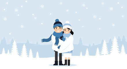 Romantic Winter Escape Young Couple Enjoying a Snowy Landscape Illustration