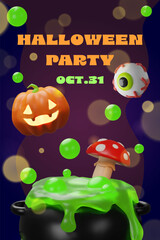 3D Halloween party poster with a glossy black cauldron filled with bubbling green slime, a carved pumpkin, a spooky eyeball, a red fly agaric mushroom, and floating green bubbles.