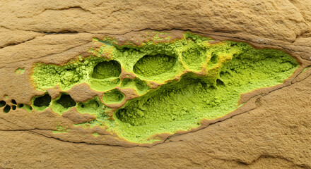 Abstract Geology: Vibrant Green Minerals Forming Honeycomb Patterns in Eroded Brown Stone, Unique Natural Texture: Green and Brown Mineral Concretions
