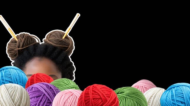 Many balls of yarn of different colors fall from above, a young woman joyfully looks out from this pile. Yarn shop concept. Empty space for text. Smooth animation on transparent background