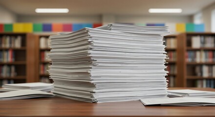 Overload of paperwork stacked high in office or library setting