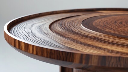 Close-up of a wooden table with concentric circles and a smooth finish. Classic and modern furniture design. The craftsmanship of wood work and table construction.