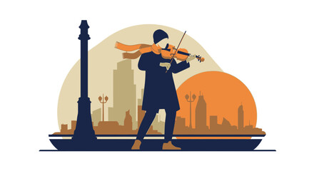 Violinist Melodies Soundscapes Silhouette Urban Serenade Against Cityscape at Sunset