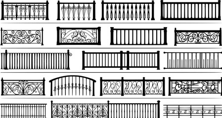 Set of vector set of Seamless illustration of different railings isolated on white. on white background