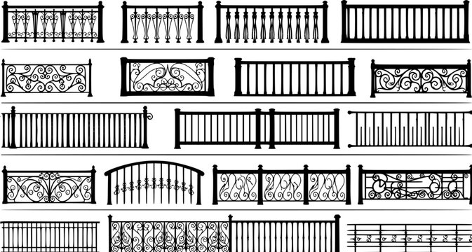 Set of vector set of Seamless illustration of different railings isolated on white. on white background