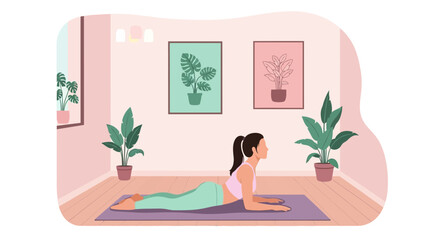 Fototapeta premium Woman Practicing Cobra Pose In a Room With Plants And Pictures For Wellness