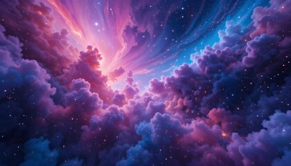 A dreamy view of purple and blue clouds with stars scattered across the night sky landscape art