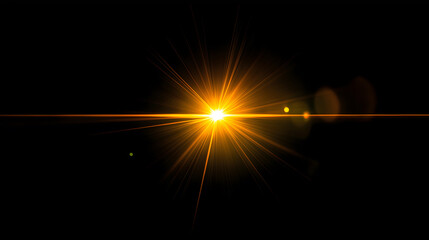 Bright golden lens optical flare light starburst on black background – cosmic glow and energy flash effect