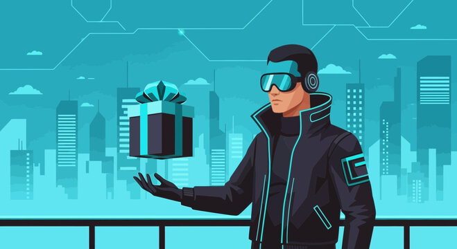Virtual Gifts Futuristic Delivery Concept For Modern Digital Celebrations Design