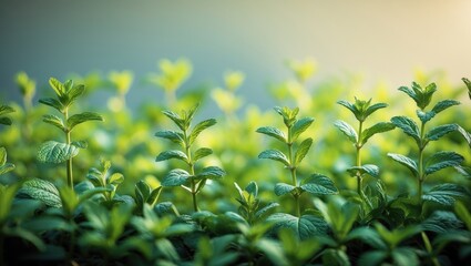 Young green plants growing densely, fresh and vibrant nature scene, close-up of sprouting leaves, growth and renewal, lush foliage.