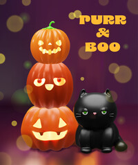 A 3D Halloween illustration featuring a stack of three carved pumpkins with glowing faces and a cute black cat sitting near. A festive and spooky atmosphere, Halloween-themed designs and invitations.