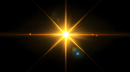Bright golden lens optical flare light starburst on black background – cosmic glow and energy flash effect