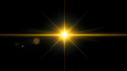 Bright golden lens optical flare light starburst on black background – cosmic glow and energy flash effect