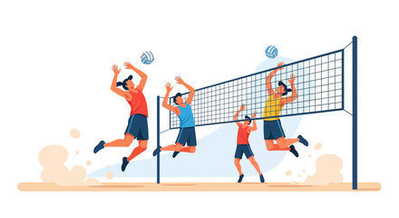 Volleyball Players During an Active Game, Men Performing Jump Set and Smash Action