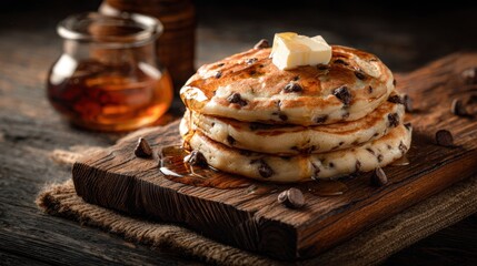 Delicious stack of fluffy chocolate chip pancakes topped with butter and surrounded by chocolate chips on a rustic wooden board with syrup in the background