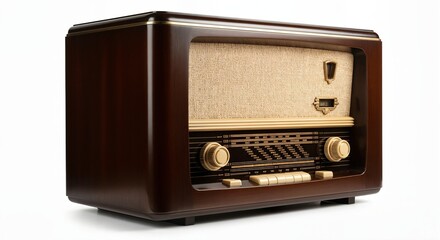 Vintage wooden tabletop radio receiver isolated on white background