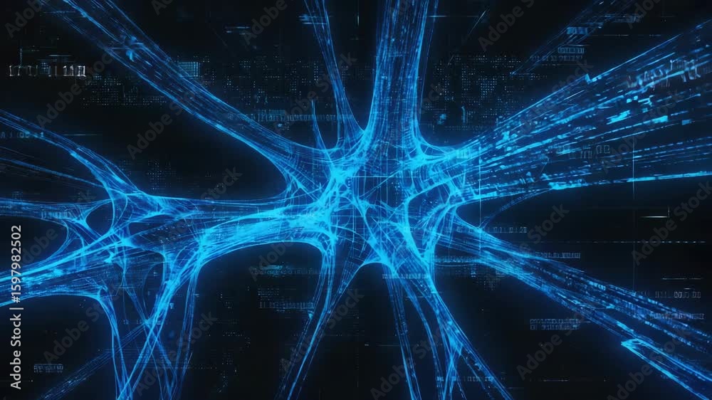 Poster complex networks of interconnected neurons transmitting streams of binary code, forming a captivatin