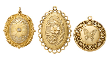 Three antique gold brooches with floral and butterfly designs on black background jewelry
