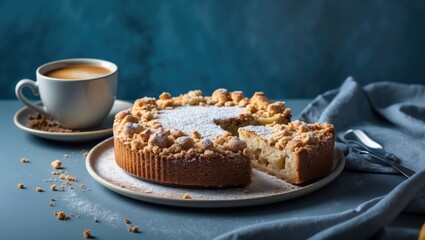 A slice of crumb cake with powdered sugar on top served with a cup of coffee on a saucer, against a dark blue background.