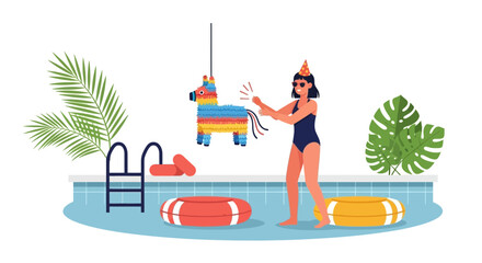 Fototapeta premium Poolside Piñata Party Celebration With Woman Hitting Donkey Decoration In Summertime